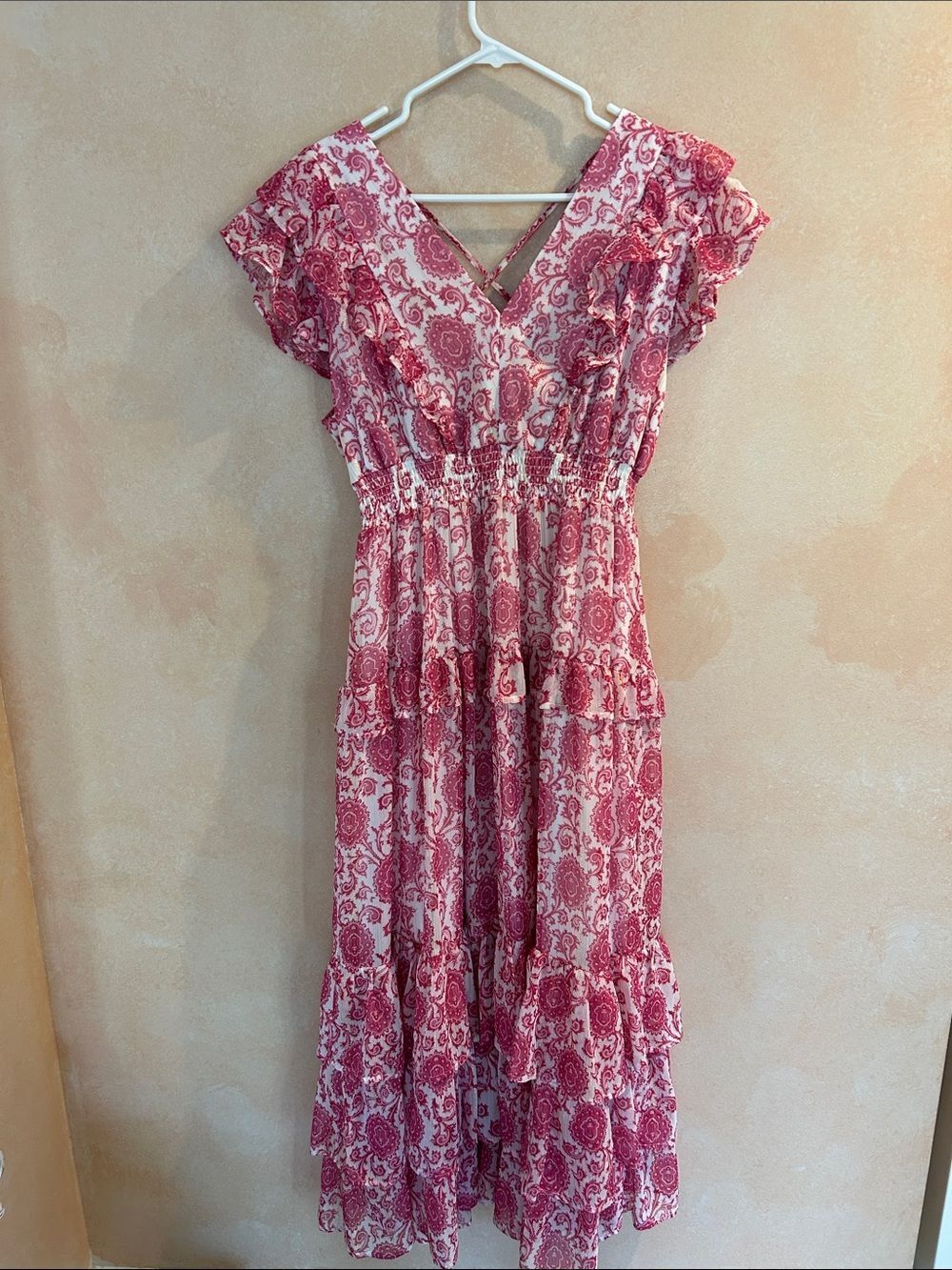 Koko + Mason Pink Floral V-Neck Tiered Midi /Maxi Dress size large